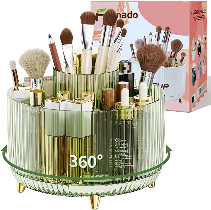 fanado 360° Rotate Makeup Brush Holder Organizer, Makeup Organizers Countertop, Makeup organization and Skincare Storage for Vanity, Desktop, Bathroom (Clear Green)