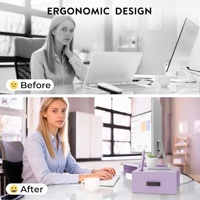BONTEC Dual Monitor Stand Riser, Adjustable Length & Swivel Angle, Purple | Ergonomic Wooden Desktop Organizer with Smartphone Holder, Computer Monitor Stand for PC, Laptop, Printer and Large Storage