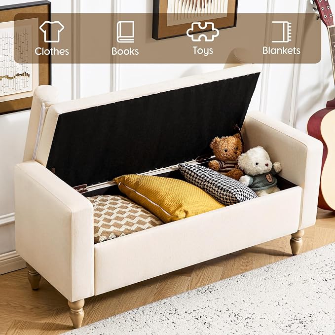 Large Storage Ottoman Bench, 45.7" Linen Upholstered Entryway Bench with Solid Wood Legs, End of Bed Bench, Shoe Bench, Ottoman Storage Chest for Bedroom/Living Room/Entryway,Beige