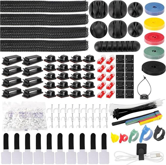 Cable Management Kit, 600+ PCS Cord Organizer Set with Cable Sleeves, Clips, Reusable Ties, Adhesive Tie Rolls & Nail Clips for Desk, TV, PC, Office & Home Wire Organization