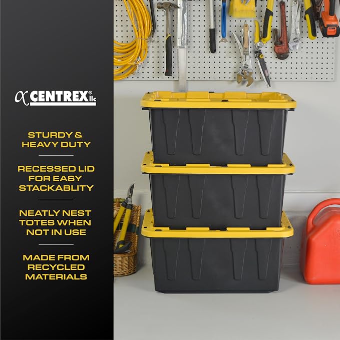 CX Heavy Duty 17-Gallon Stackable Plastic Storage Bins with Lids, 4 Pack | Storage totes for garage organization, Stackable containers, weather-resistant, snap lid, 12.5H x 18W x 26.9D, Black/Yellow