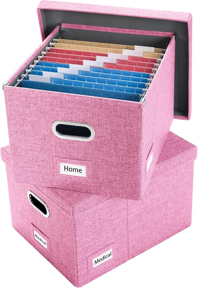 File Organizer Box - Set of 2 Collapsible Decorative Linen Filing Storage Hanging File Folders with Lids Office Cabinet Letter/Legal Size Pink (17x14x11.2 inch)