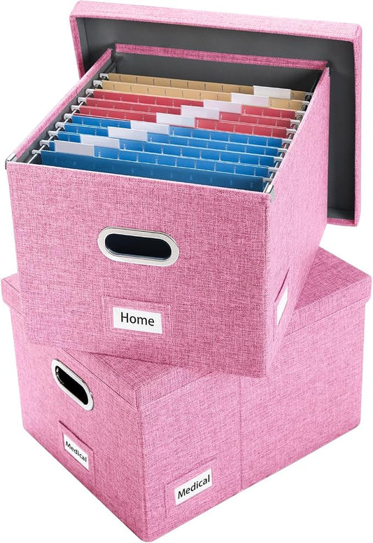File Organizer Box - Set of 2 Collapsible Decorative Linen Filing Storage Hanging File Folders with Lids Office Cabinet Letter/Legal Size Pink (17x14x11.2 inch)