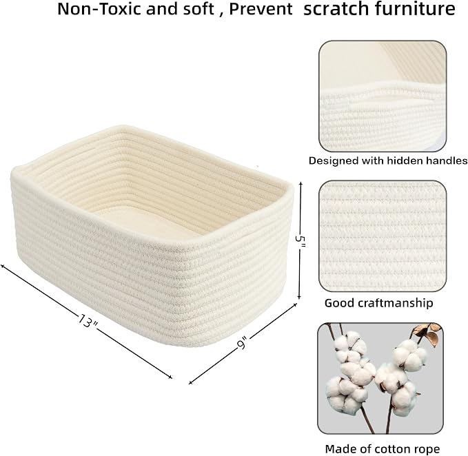 XUANGUO Small Woven Storage Baskets for Shelves, 13" x 9" x 5", White | Decorative rope storage bins for closets and toy storage; cute organizer baskets, empty gift baskets and nursery storage.