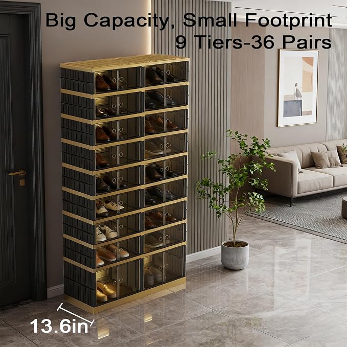 SYNCVIBE Shoe Rack Organizer for Closet Entryway Foldable Sneaker Storage Shoe, Collapsible Shoe Cabinet, Stackable Shoe Storage Cabinet with Lids for Living Room (9 Tiers -36 Pairs Black Gold)