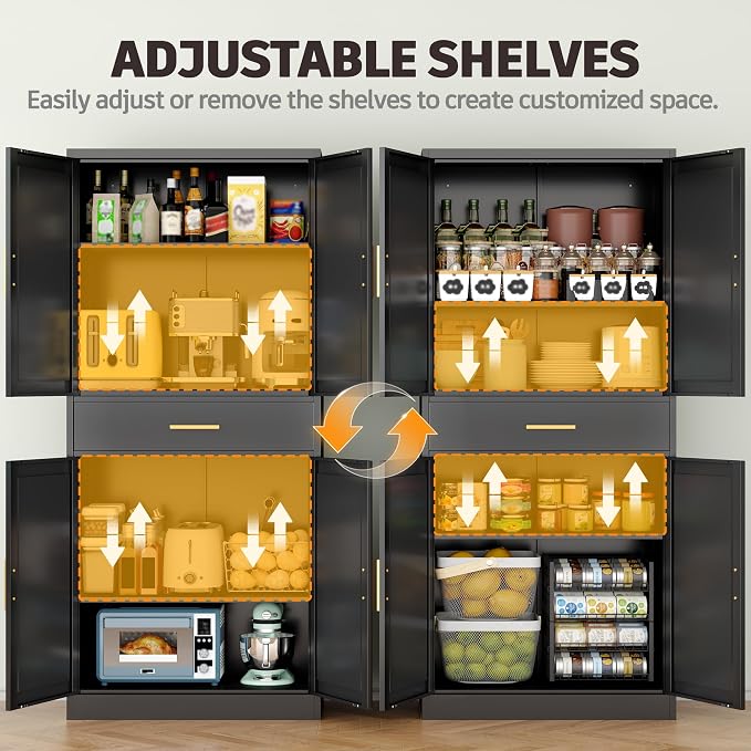 71”Tall Kitchen Pantry Cabinet, Metal Storage Cabinet with Doors and Shelves (Black, 1 Drawer)