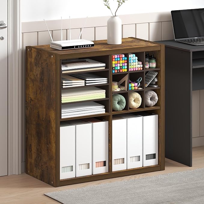Furinno Cubicle 4-Cube Book Shelf, Extra Thick Frame Bookshelf, Amber Pine | 14.6" x 30" x 30", Reversible Bookcase with Open Back, for Living Room, Bedroom, Home Office