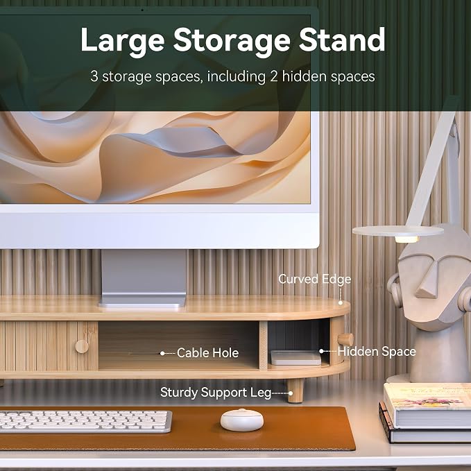 Bamboo Monitor Stand with Storage, 25 Inch Desk Shelf Riser | Curved Computer Laptop Stand Desk Shelf Organizer with Sliding Doors for 47-55 Inch Desk