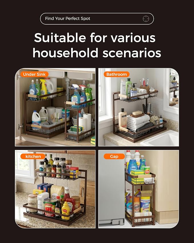 Sevenblue 3 Pack Under Sink Organizer, Height Adjustable 2 Tier Pull-Out Metal Under Kitchen Sink Organizer, Multi-Purpose Storage Shelves for Kitchen Bathroom Cabinet, Brown