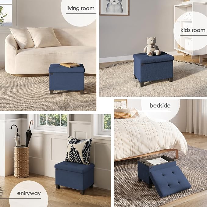 Storage Ottoman Cube with Small Bin, 16-in Square Ottoman with Storage for Living Room and Bedroom, Small Ottomans Foot Rest, Fabric Foot Stools Ottomans Max 330lbs, Blue