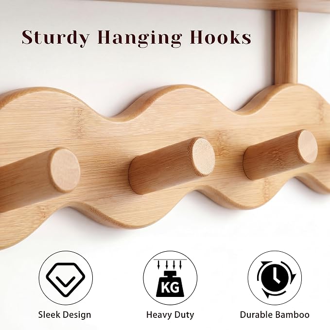 Wave-Shaped Bamboo Coat Rack Wall Mount with Shelf - Modern 4-Hook Rack | Modern Sculptural Wave Decor, Organic Wood Wall Mounted Rack with Storage Shelf, Heavy-Duty Hanging for Entryway & Bedroom