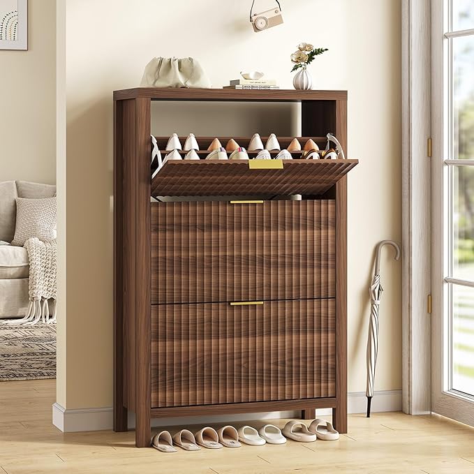 32" Fluted Shoe Cabinet Storage with 3 Flip Drawers for Entryway, Hallway | Hidden Shoe Rack Slim Freestanding Shoe Organizer with Legs for Hallway, Living Room, Walnut