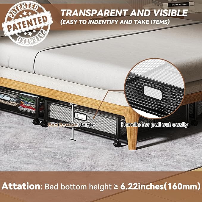 PHINOX Under Bed Storage with Wheels & Handle,Metal,Large,4 Pack,Black | Tool-free assembly, glide smoothly, easy reach, foldable, maxmazie low-profile beds, dorm, keep seasonal clothes, shoes fresh