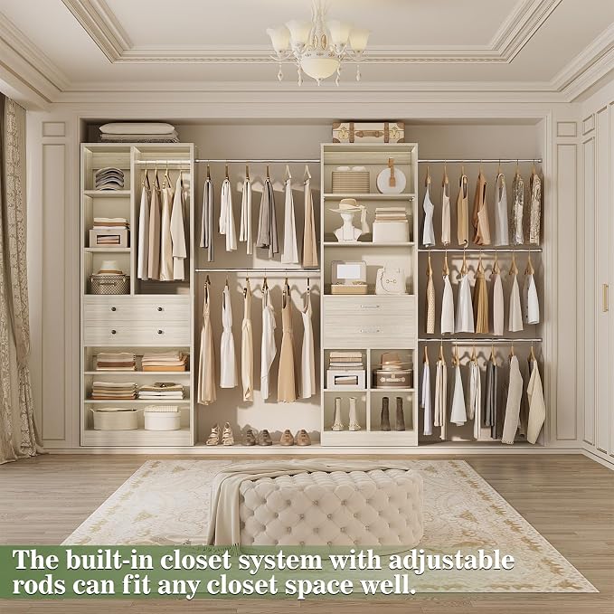 Besiost Closet System, Up to 128.6"/10.7 FT Closet Organizer with 4 Wooden Drawers and Shelves, Walk-in Closet System with 6 Hanging Rods, Built-in Closet Fit 96"/8FT, 120"/10FT, Greige Oak Set 2