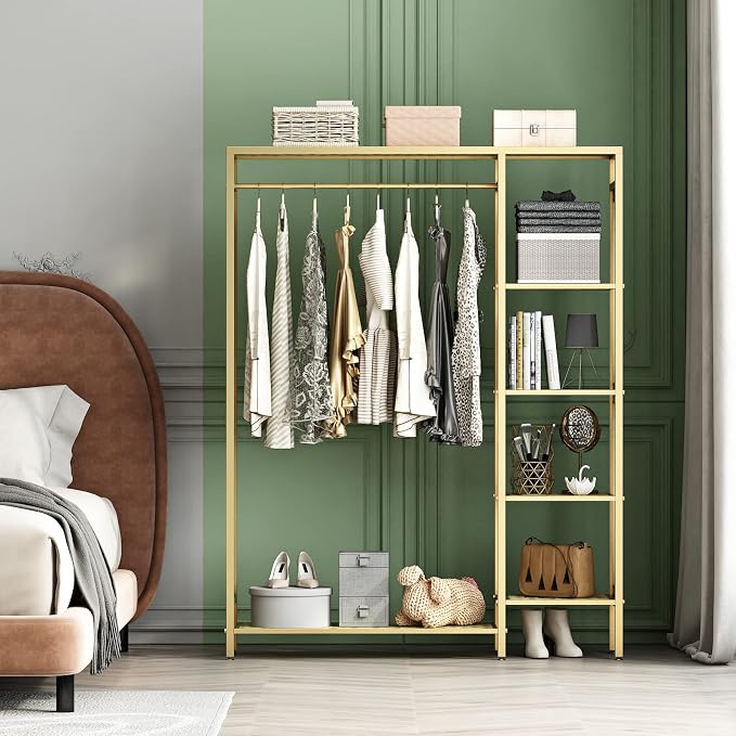 TIEOU Modern Gold Clothes Racks Free-Standing, Gold Clothing Rack with Shelves for Boutiques, Heavy Duty Garment Rack for Hanging Clothes, Large Wardrobe Closet
