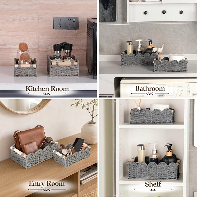 iEGrow Paper Rope Small Storage Baskets for Organizing, Set of 2 Scalloped Edge Wicker Basket with Wooden Handles Toilet Paper Basket for Over Toilet Storage Shelf, Home Decor, Living Room (Grey)
