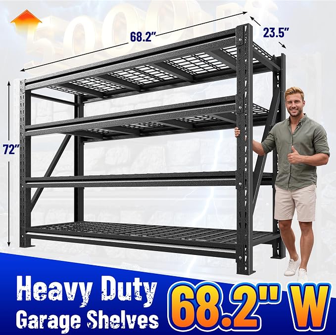 Romorgniz 5020LBS Heavy Duty Garage Shelving, 68.2" W Storage Shelves with Wire Deck, Rust/Water Resistant, 4 Tier Adjustable Industrial Shelving for Warehouse Basement, 23.5" D Deep x 72" H, 2PC