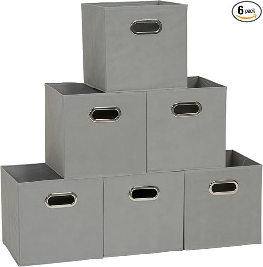 Household Essentials Fabric Storage Bins in Strong Poly‑Woven Fabric, Sturdy Chipboard Sides, Grommet Front Handle, Dove Gray Finish, Set of 6