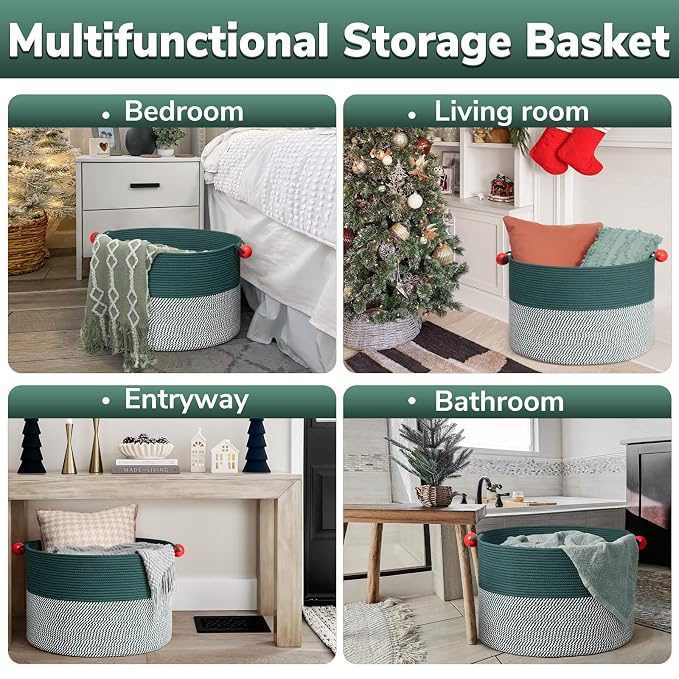 Goodpick Large Storage Basket 22" x 14", Woven Baby Storage for Blanket Living Room, Laundry Organizer for Clothes, Toys, Christmas Basket for Gifts, Green