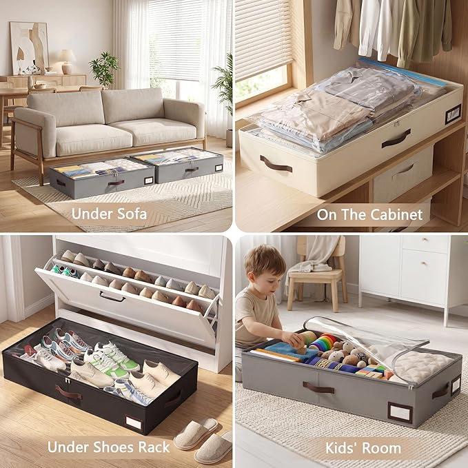 OIAHOMY 2 Pack Under Bed Storage with Handles, Underbed Container for Bedroom & Closet, Fits Beds Higher than 6", Under the Bed Storage for Seasonal Clothes, Blankets & Shoes - Beige