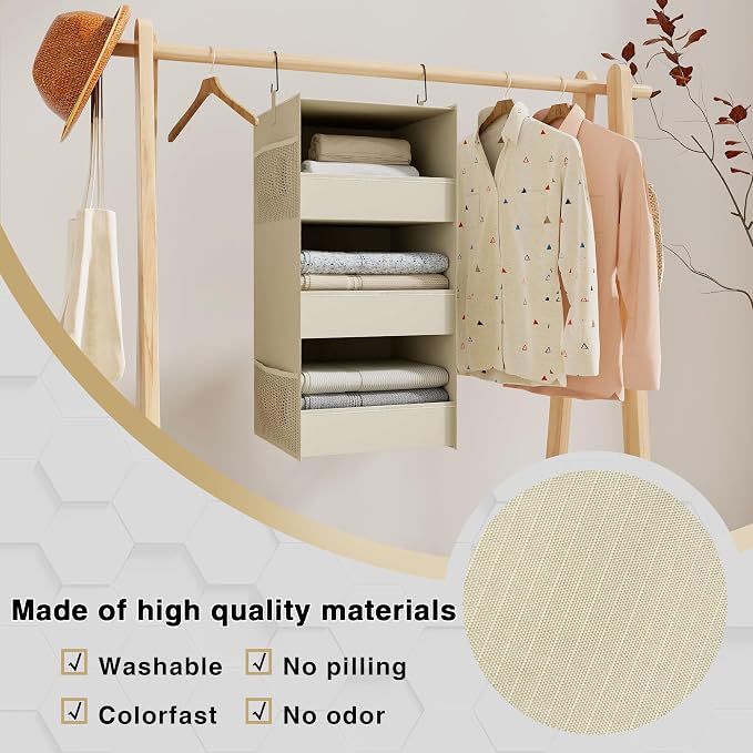 3-Shelf Hanging Closet Organizer, Washable Foldable Storage Shelves, Beige | Front lip keeps items secure; side pockets add room; Oxford fabric handles towels, shirts, baby items, dorms, RVs or travel.