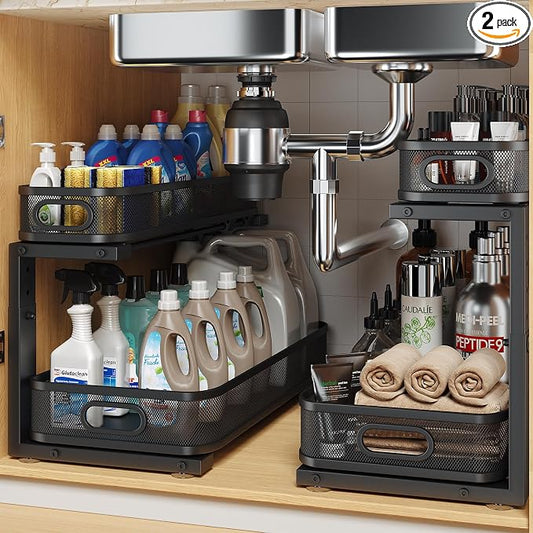 2 Pack 19.3IN-Depth Under Sink Organizer with Smooth Cylindrical Rail,2-Tier Pull Out Multi-Purpose Cabinet Storage for Bathroom&Kitchen,Height Adjustable,Rust-Resistant Coating-Black
