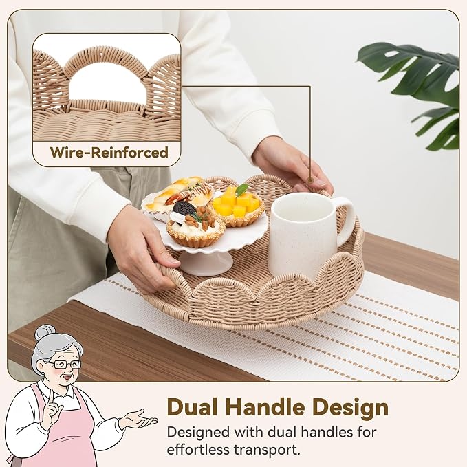 GRANNY SAYS Wicker Decorative Scalloped Trays for Home Decor, Coffee Table Trays with Handles, Woven Rattan Tray for Kitchen Counter, Round Serving Tray Decor for Living Room and Ottoman