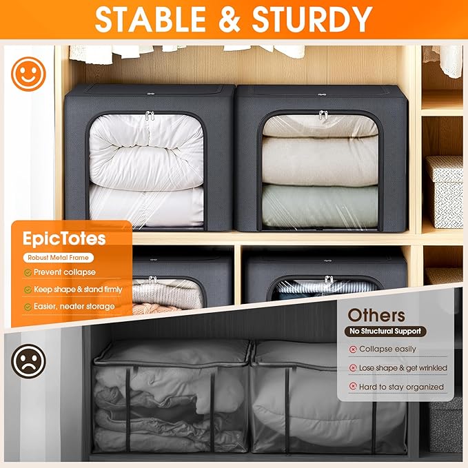 4 Pack Clothes Storage Bins with Metal Frame, Light Grey, 40L | Foldable Storage Boxes with Clear Window, Front & Top Zipper Openings, Stackable Organizer with Handles for Closet & Bedroom
