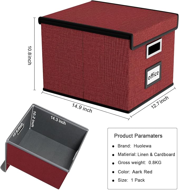 File Organizer Box with Lids, Collapsible File Folder Organizer | File Box with Plastic Slides for Office Document Storage, Filing Bin for Letter Size Hanging File Folders (1 Pack, Dark Red)