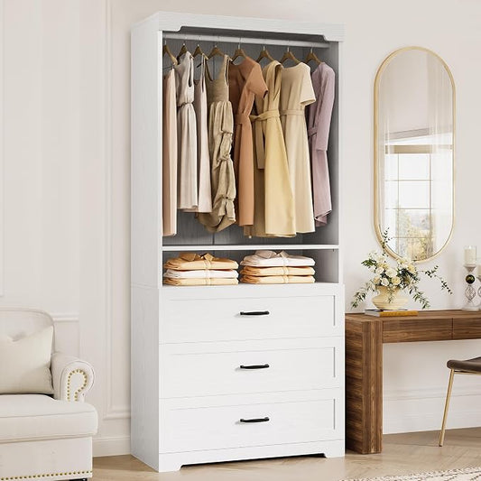 IRONCK Freestanding Closet System with Adjustable Shelves & 3 Drawers | Closet Organizer with Hanging Rod, Ideal for Bedrooms, Apartments and Small Closet Storage