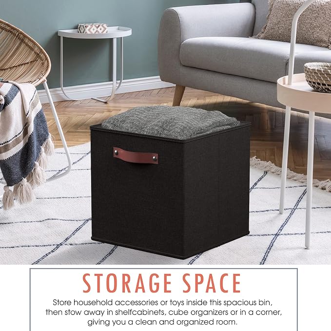 Ornavo Home 13x13 Foldable Fabric Storage Cube Bins, 6 Pack, Black | Collapsible Linen Shelf Basket Organizer; Leather Handles; Ideal Cube Storage For Closet