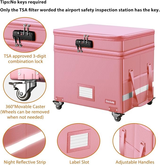 DocSafe File Box with Lock,2-Layer Fireproof Document Box with Wheels,Collapsible Rolling File Storage Organizer with Pockets,Large Portable Home Office Filing Cabinet Safe for Hanging Folders,Pink