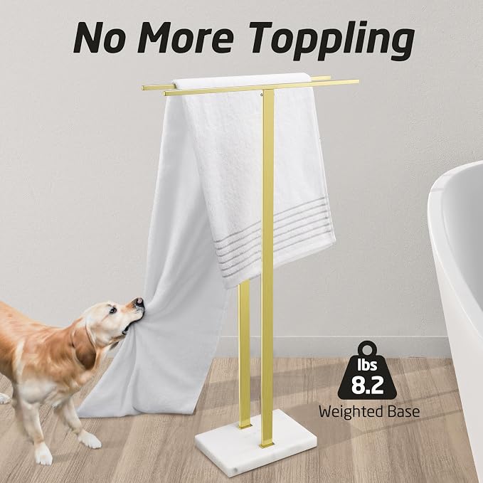 KES Brushed Gold Standing Towel Rack, 37" H, Heavy Marble Base, Bathroom | Equal-Height, Fits Large Bath Towels, Freestanding Design, Modern Luxury, 18/8 Stainless Steel Rustproof