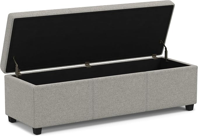 SIMPLIHOME Avalon 54" Wide Vegan Leather Storage Ottoman in Midnight Black | Contemporary lift-top ottoman with high-density foam; rectangle storage bench or coffee table for living room or entryway.