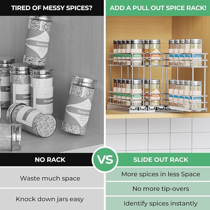 Mystozer Pull Out Spice Rack Organizer for Cabinet, Slide Out Spice Racks, Easy to Install Spice Cabinet Organizers, 7.4" Wx10.43 Dx8.26 H, 3 Drawers 2 Tiers(Silver)