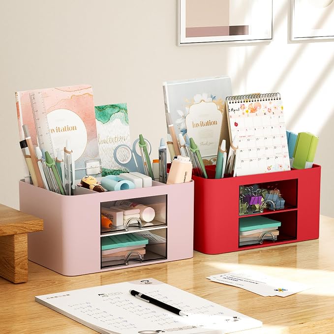 Marbrasse Pen Organizer with 2 Drawer, Multi-Functional Pencil Holder for Desk, Desk Organizers and Accessories with 5 Compartments + Drawer for Office Art Supplies (Red)