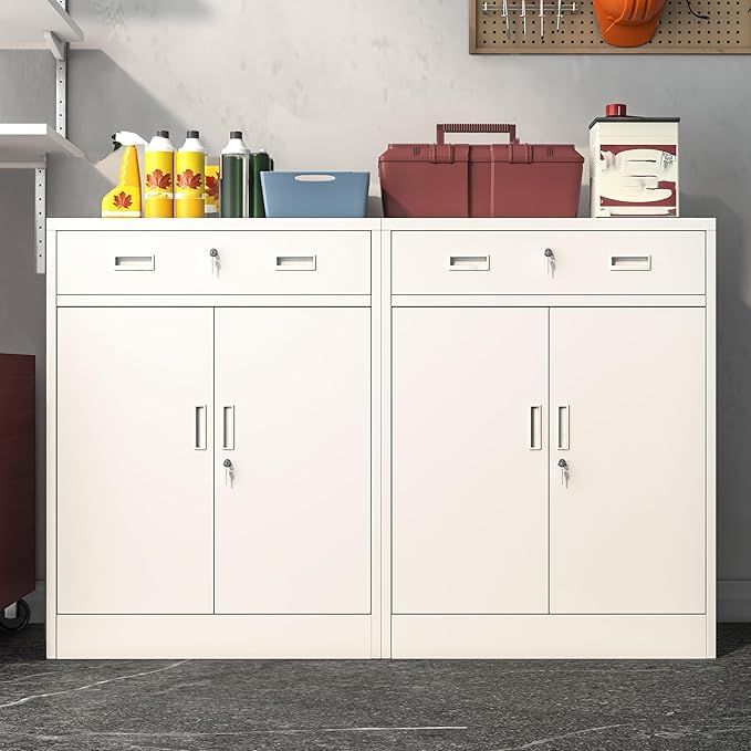 Wanfu Metal Storage Cabinet, Locking Cabinet with 1 Drawer and Adjustable Shelf, 36" H x 28" W x 16" D Steel Storage Cabinet for Office, Garage, Home-White