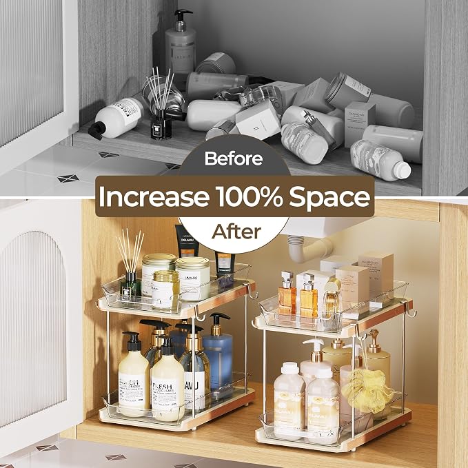 Delamu 2 Tier Under Sink Organizer Bathroom, Bathroom Cabinet Organizer with Snap-Lock Design and Hooks, Pull Out Storage with Movable Dividers, for Countertop, Kitchen and Pantry (White, 4 Pack)