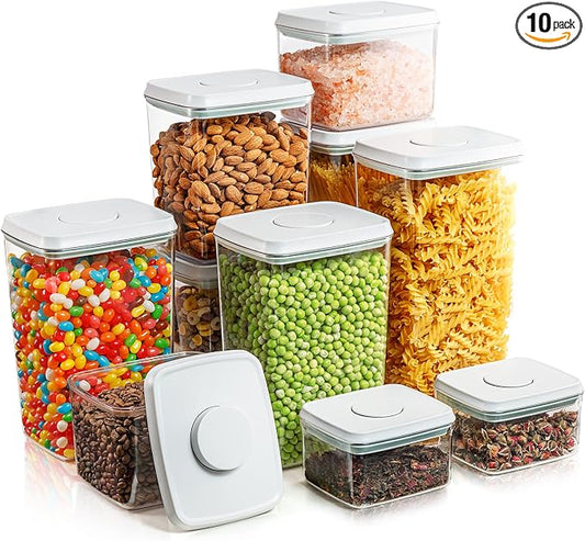 Airtight Food Storage Containers, 10-Piece, 5 Sizes, Pop-Top Lids | Clear Stackable Pantry Canisters for Flour, Sugar, Cereal, Pasta, Oats, Coffee, Snacks and Everyday Home Baking Ingredients