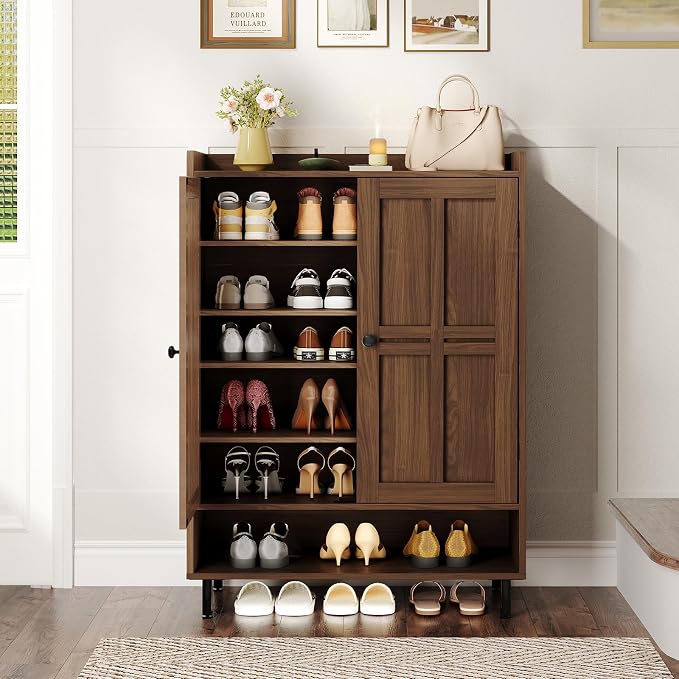 ONBRILL Shoe Cabinet with Cross Molding Doors, 6-Tier Shoe Storage Cabinet with 3 Adjustable Shelves and Metal Legs, 45'' Tall Shoes Rack Organizer Cabinet for Entryway, Front Door, Walnut