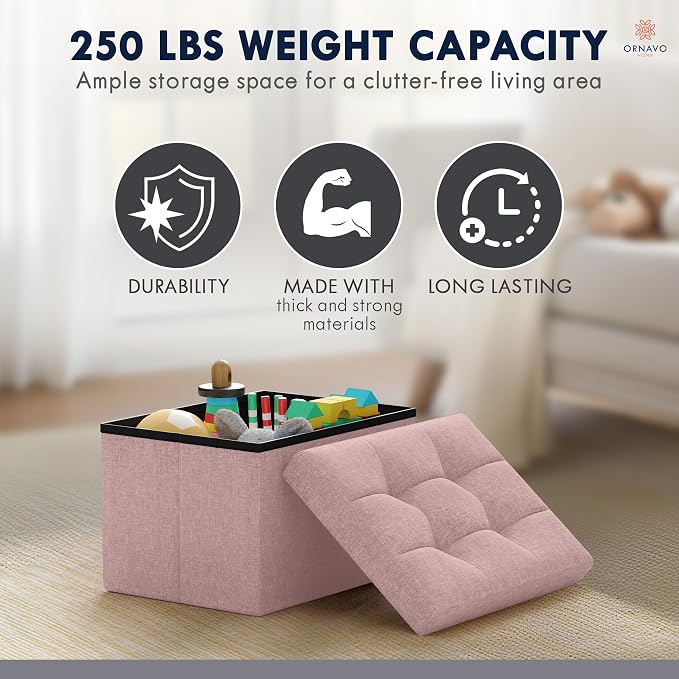 Ornavo Home Small Rectangle Storage Ottoman, Foldable Linen, 12x16x12, Pink | Collapsible Cube Design; Foot Rest Stool Seat; Ideal for Living Room, Bedroom, Home Office or Dorm
