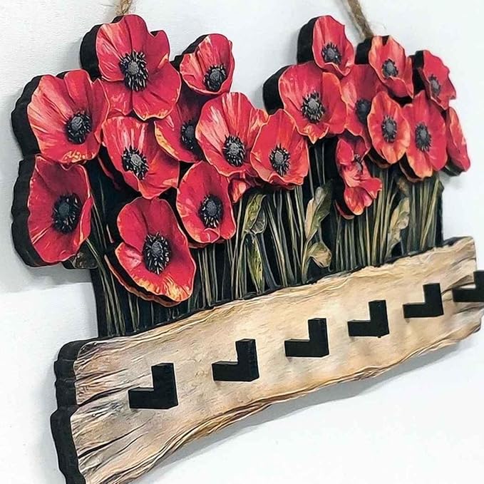 Oak & Hearth Wooden Key Holder for Wall – Rustic Poppy Flower Key Rack with 6 Hooks – Farmhouse Entryway Organizer & Wall Decor