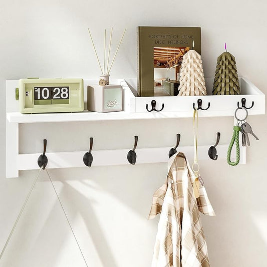 AMBIRD Wall Hooks with Shelf, 26.57 Inch Entryway Wood Coat Hooks for Wall, Coat Rack Wall Mount with 5 Dual Hooks 3 Key Hooks Mail Organizer and Key Rack Holder (White)