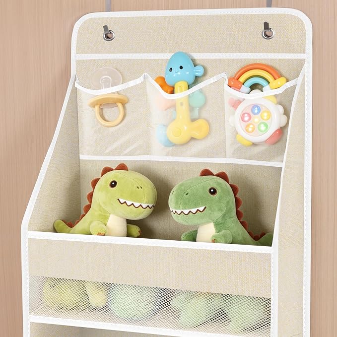 Univivi Over the Door Organizer for Baby Nursery, Beige Pattern, 6-Shelf | Door Storage with Large Capacity Breathable Mesh Pockets, Fabric Over Door Organizer for Baby Essential, Bedroom and Dorm