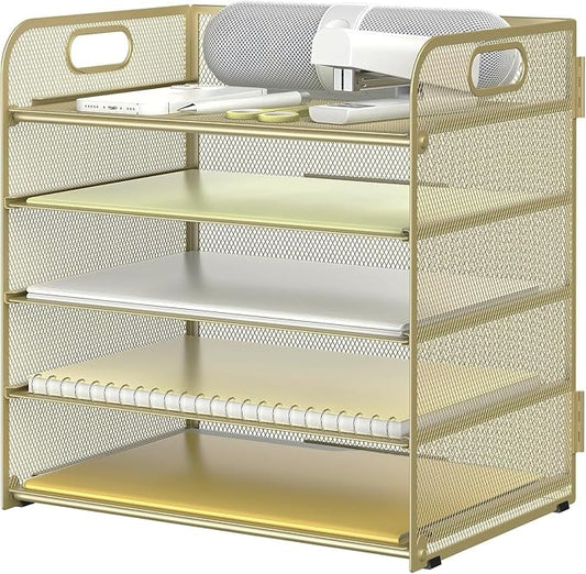 Sinboun Letter Tray Paper Organizer 5-Tier Desk Organizer File Organizer Paper Holder with Handle, Metal Desktop Document Shelf Tray Office Classroom Organization - Gold