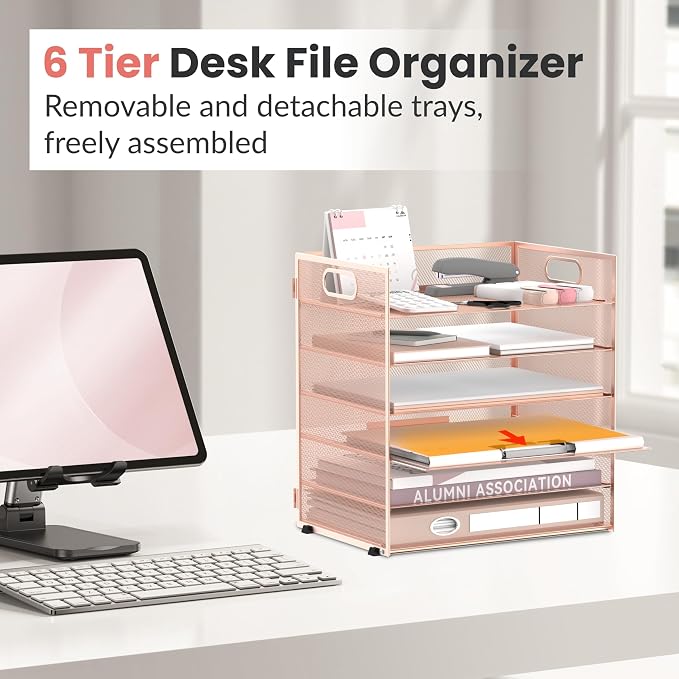 Daltack 6-Tier Paper Organizer for Desk with Handle, Rose Gold | Sturdy Metal Mesh Organizer with Movable Middle Trays and a Carry Handle for Papers, Folders and Office Supplies