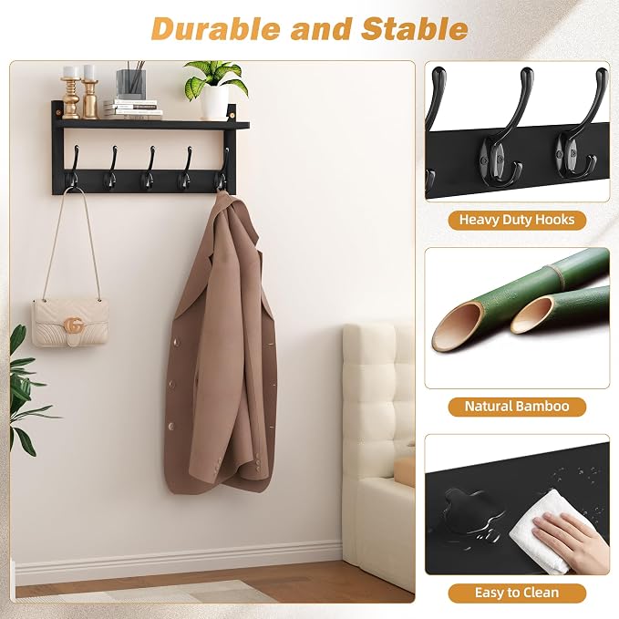 VASMIA Coat Rack Wall Mount with Shelf,Bamboo Wall Shelf with Hooks,Coat Hangers for Entryway,Bathroom, Living Room, Bedroom, Black