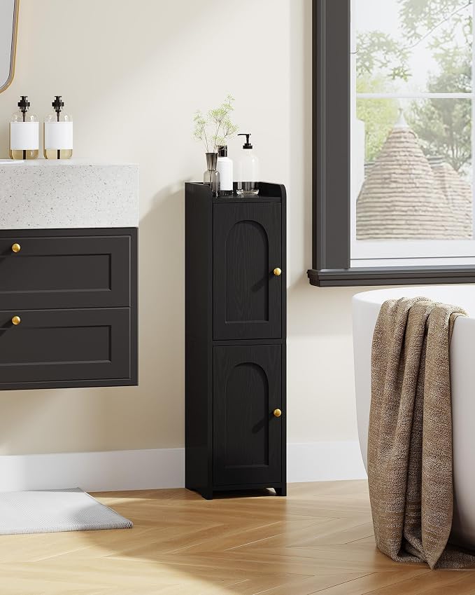 Hzuaneri Bathroom Storage Cabinet, Small Corner Floor Cabinet with 2 Doors | Narrow Toilet Paper Cabinets with Adjustable Shelf, Bathroom Organizer for Small Spaces, 7.9" D x 7.9" W x 29.5" H Black