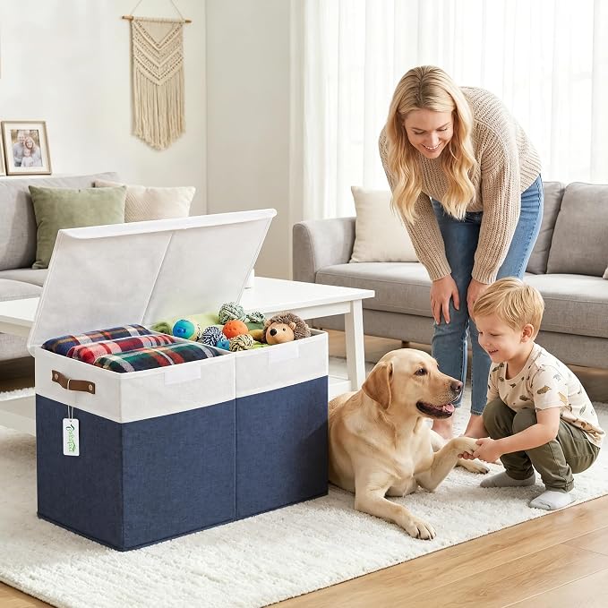 Bagnizer Large Toy Storage Box with Lids, Collapsible Sturdy Baby Storage Organizer Chest Bin Basket for Kids, Boys, Girls, Playroom, Nursery, Bedroom, Closet 25"x13"x16" (Navy Blue and White)