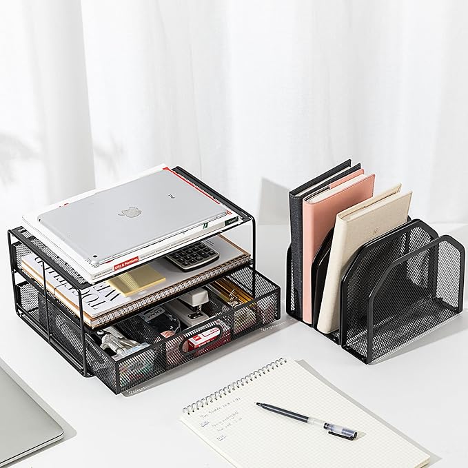 Amazon Basics Mesh Desk Organizer with Sliding Drawer, Double Tray and 5 Upright Sections, File Holder for Office Supplies, Paper Letter Tray, Black